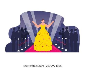 Hollywood celebrity wearing a luxurious yellow dress with flowers walking on the red carpet, paparazzi photographing her. Character design. Vector flat illustration