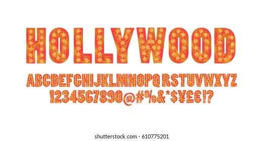 Hollywood. Color Golden alphabet with show lamps. Vector illustration. You can use it for web-pages and banners, poster, cards and other. Isolated on a white background.