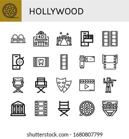 hollywood icon set. Collection of Film roll, Movie, Movie theater, Red carpet, Clapperboard, Film, Film reel, Videocamera, Director chair, Theater, Bollywood, Theatre, Directors chair icons