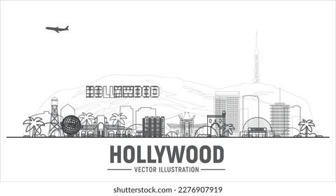 Hollywood LA (Los Angeles) line skyline in white background. Vector Illustration. Business travel and tourism concept with modern buildings. Image for banner or website.