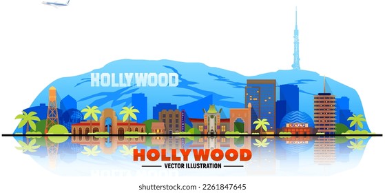 Hollywood LA (Los Angeles) skyline in white background. Vector Illustration. Business travel and tourism concept with modern buildings. Image for banner or website.