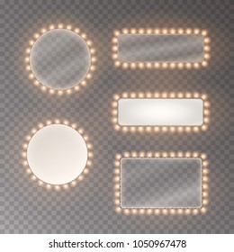 Hollywood lights. Illuminated realistic banners isolated on transparent background. Vector string frame bulbs. Las Vegas casino night party sign set. Glowing lights borders for advertising design