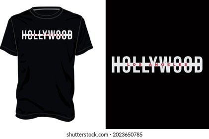 Hollywood Los Angeles. Typography T-shirt Design Ready To Print. Modern, Simple, Lettering T Shirt Vector Illustration Isolated On Black Template. Trendy Apparel Calligraphy Text Graphic.