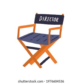 Hollywood movie director chair. Foldable seat for filmmaker. Empty folding armchair for filmmaking crew. Colored flat vector illustration isolated on white background