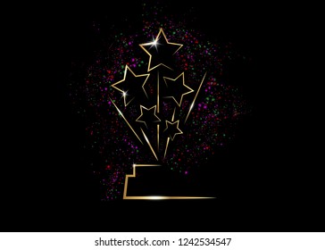 HOLLYWOOD  Movie PARTY Gold STAR AWARD Statue Prize Giving Ceremony. Golden stars prize concept, Silhouette statue icon. Films and cinema symbol stock, vector Academy award colorful fireworks 