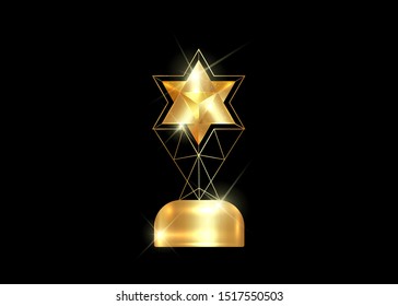 HOLLYWOOD  Movie PARTY Gold STAR AWARD Statue Prize Giving Ceremony. Golden star trophy prize concept, Silhouette statue icon. Films and cinema symbol stock, Academy award vector isolated or black