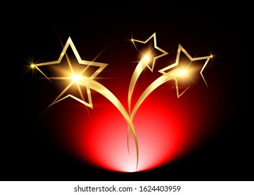 HOLLYWOOD  Movie PARTY Gold STAR AWARD Statue Prize Giving Ceremony. Golden stars prize and red carpet concept, Silhouette statue icon. Films and cinema symbol stock, Academy award vector isolated 