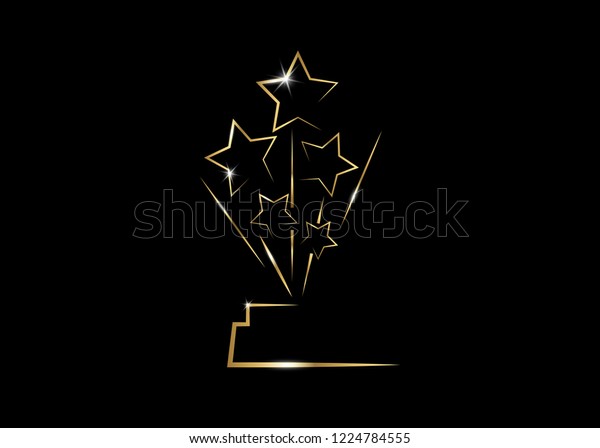 HOLLYWOOD  Movie PARTY Gold STAR AWARD Statue Prize\
Giving Ceremony. Golden stars prize concept, Silhouette statue\
icon. Films and cinema symbol stock, Academy award vector isolated\
or black