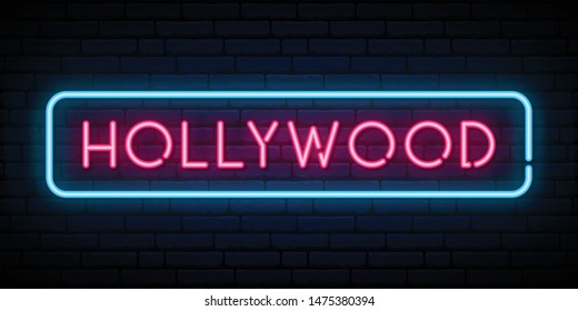 Hollywood neon sign. Bright light signboard. Vector banner.