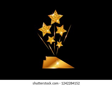 HOLLYWOOD Oscars Movie PARTY Gold glitter STAR AWARD Statue Prize Giving Ceremony. Golden stars prize concept, Silhouette statue icon. Films and cinema symbol stock, Academy award vector isolated 