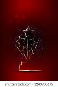 HOLLYWOOD Oscars Movie PARTY Gold STAR AWARD Statue Prize Giving Ceremony. Golden stars prize concept, Silhouette statue icon. Films and cinema symbol stock, vector Academy award colorful fireworks 