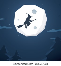 Hollywood polygonal background. Low poly holiday vector. Big shining moon at blue night. Witch silhouette flying. Eps10 vector illustration.