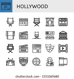 hollywood simple icons set. Contains such icons as Clapperboard, Directors chair, Theatre, Clapper, Film, Director chair, Movie, Theater, can be used for web, mobile and logo
