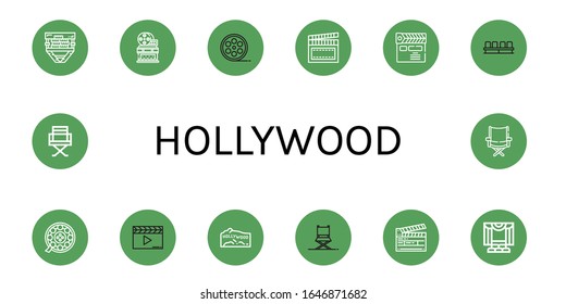 hollywood simple icons set. Contains such icons as Film, Movie theater, Film roll, Clapperboard, Movie, Hollywood, Director chair, Theater, can be used for web, mobile and logo