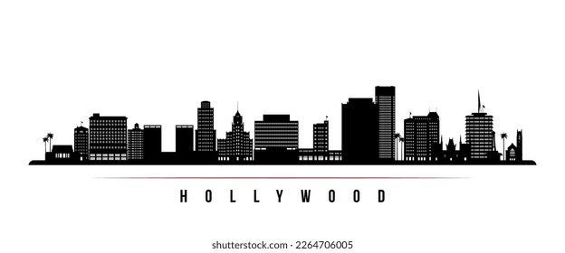 Pancarta horizontal en el horizonte de Hollywood. Silueta blanca y negra de Hollywood, California. Plantilla de vectores para su diseño. 