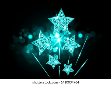 Hollywood Stars rise up to glory. Movie party light blue gold glitter star award, vector academy vip card on bright trendy turquoise fashion blurry background