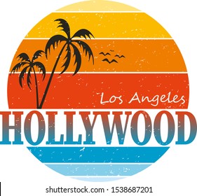 Hollywood t-shirt and apparel design with palm tree and halftoned sun, vector illustration, typography, print, logo, poster. Global swatches.