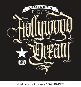 Hollywood t-shirt design, Sport wear typography emblem with modern Gothic Calligraphy, shirt stamp graphics, tee print .vector