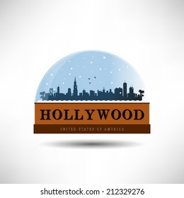 Hollywood, United States of America city skyline silhouette in snow globe. Vector design.