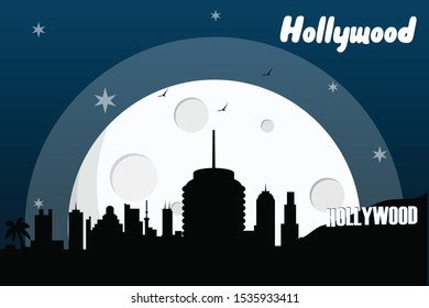 Hollywood USA Skyline Silhouette Vector Design  On A Full Moon Night