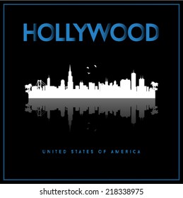 Hollywood, USA skyline silhouette vector design on black background.