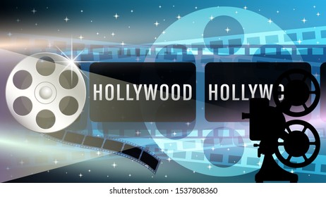 Hollywood web banner, film strip frame, metal movie reel, light effects, silhouette of a movie projector on dark blue starry sky. Realistic 3d vector illustration.