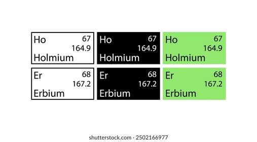 Holmium Erbium icons set. Chemical element icons. Linear, silhouette and flat style. Vector icons.