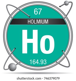 Holmium symbol inside a metal ring with colored background and spheres orbiting around.  Element number 67 of the Periodic Table of the Elements - Chemistry 