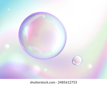 Holo 3d bubbles. Set of realistic soap bubbles. Colorful flying soap bubbles.
