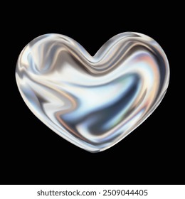 Holo 3d heart. Holographic chrome 3d heart shape isolated on black