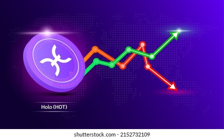 Moneda morada holo. Símbolo de criptodivisa con gráfico de inversión en bolsa verde y rojo. Icono de moneda en fondo oscuro. Concepto de negocios de tendencias económicas. Ilustración vectorial 3D.