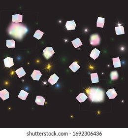 Holo Confetti. Isolated Holographic Cube Particles. Birthday Card with Metallic Texture. Vector Square Bokeh. Iridescent Background. Chaotic Confetti Backdrop. Foil Border. Geometric Anniversary Card.