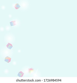 Holo Confetti. Isolated Holographic Cube Particles. Geometric Anniversary Card. Birthday Card with Metallic Texture. Vector Square Bokeh. Iridescent Background. Chaotic Confetti Backdrop. Foil Border.