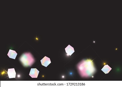 Holo Confetti. Isolated Holographic Cube Particles. Vector Square Bokeh. Iridescent Background. Chaotic Confetti Backdrop. Foil Border. Geometric Anniversary Card. Birthday Card with Metallic Texture.