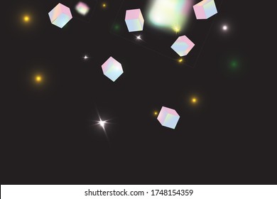Holo Confetti. Isolated Holographic Cube Particles. Vector Square Bokeh. Iridescent Background. Birthday Card with Metallic Texture. Geometric Anniversary Card. Chaotic Confetti Backdrop. Foil Border.