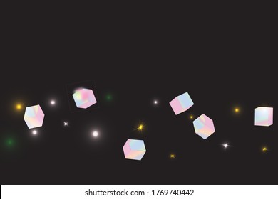 Holo Confetti. Isolated Holographic Cube Particles. Chaotic Confetti Backdrop. Foil Border. Geometric Anniversary Card. Vector Square Bokeh. Iridescent Background. Birthday Card with Metallic Texture.