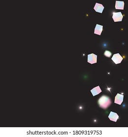 Holo Confetti. Isolated Holographic Cube Particles. Geometric Anniversary Card. Vector Square Bokeh. Iridescent Background. Birthday Card with Metallic Texture. Chaotic Confetti Backdrop. Foil Border.