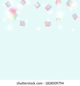 Holo Confetti. Isolated Holographic Cube Particles. Geometric Anniversary Card. Birthday Card with Metallic Texture. Vector Square Bokeh. Iridescent Background. Chaotic Confetti Backdrop. Foil Border.