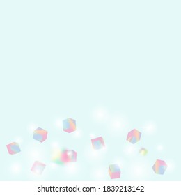 Holo Confetti. Isolated Holographic Cube Particles. Chaotic Confetti Backdrop. Foil Border. Vector Square Bokeh. Iridescent Background. Geometric Anniversary Card. Birthday Card with Metallic Texture.