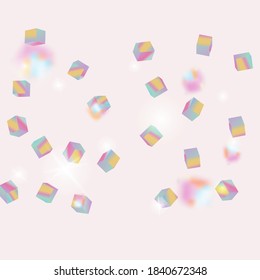 Holo Confetti. Isolated Holographic Cube Particles. Chaotic Confetti Backdrop. Foil Border. Geometric Anniversary Card. Vector Square Bokeh. Iridescent Background. Birthday Card with Metallic Texture.