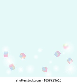 Holo Confetti. Isolated Holographic Cube Particles. Vector Square Bokeh. Iridescent Background. Birthday Card with Metallic Texture. Geometric Anniversary Card. Chaotic Confetti Backdrop. Foil Border.