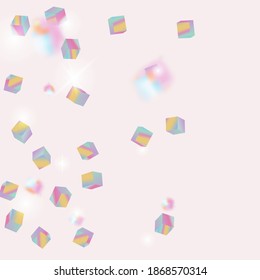 Holo Confetti. Isolated Holographic Cube Particles. Chaotic Confetti Backdrop. Foil Border. Birthday Card with Metallic Texture. Vector Square Bokeh. Iridescent Background. Geometric Anniversary Card.