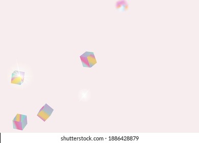 Holo Confetti. Isolated Holographic Cube Particles. Chaotic Confetti Backdrop. Foil Border. Geometric Anniversary Card. Birthday Card with Metallic Texture. Vector Square Bokeh. Iridescent Background.
