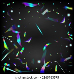 Holo Glam Effect Rainbow Bokeh. Blue, Purple, Green Celebration Background. Rainbow Tinsel.  Gradient Overlay Glare Foil Tinsel. Flying Holograph Confetti. Silver Transparent Falling Particles.