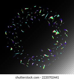 Holo Glam Effect Rainbow Bokeh. Rainbow Tinsel.  Gradient Overlay Vivid Foil Tinsel. Metal Transparent Falling Particles. Falling Holograph Confetti. Blue, Purple, Green Celebration Background.