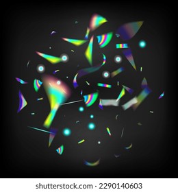 Holo Glam Efecto Rainbow Bokeh. Antecedentes De Celebración Azul, Púrpura Y Verde. Holografía en caída de Confetti. Tinsel arcoiris. Partículas De Crecimiento Transparentes Plateadas.  Tinsel de neón de niebla de pendiente.