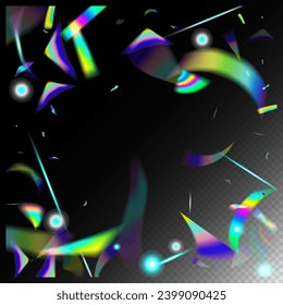 Holo Glam Effect Rainbow Bokeh. Rainbow Tinsel.  Gradient Overlay Vivid Foil Tinsel. Falling Holograph Confetti. Blue, Purple, Green Celebration Background. Metal Transparent Falling Particles.