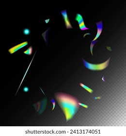 Holo Glam Effect Rainbow Bokeh. Metal Transparent Falling Particles. Flying Hologram Confetti.  Gradient Overlay Glare Foil Tinsel. Blue, Purple, Green Celebration Background. Rainbow Tinsel.