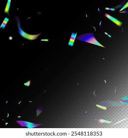 Holo Glam Effect Rainbow Bokeh. Metal Transparent Falling Particles.  Gradient Overlay Vivid Foil Tinsel. Falling Holograph Confetti. Rainbow Tinsel. Blue, Purple, Green Celebration Background.