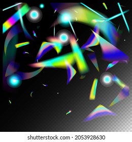 Holo-Glam-Effekt: Regenbogenlicht. Fallend Hologram Confetti. Silbertransparente Fallpartikel. Rainbow Tinsel.  Gradient Overlay Neon Foil Tinsel. Hintergrund für blaue, violette und grüne Feierlichkeiten.